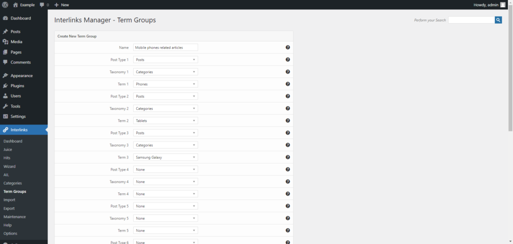Interlinks Manager Term groups menu