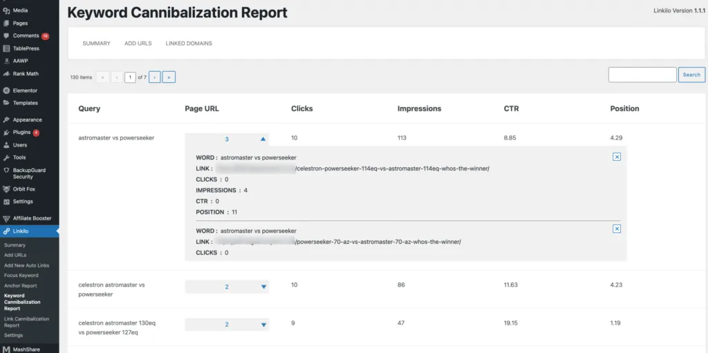 Keyword/Link cannibalization report, Linkilo Review