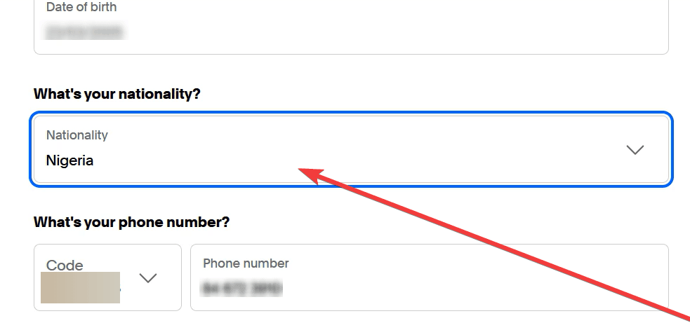 Select “Nigeria” as Nationality, creating a PayPal account that can send and receive money in Nigeria