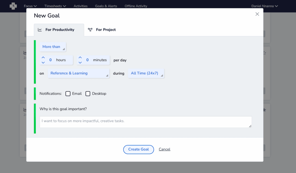 Rescuetime Goal settings