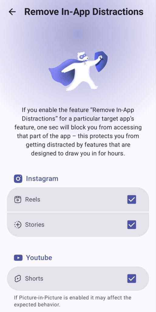 Block In-app distractions, one sec review